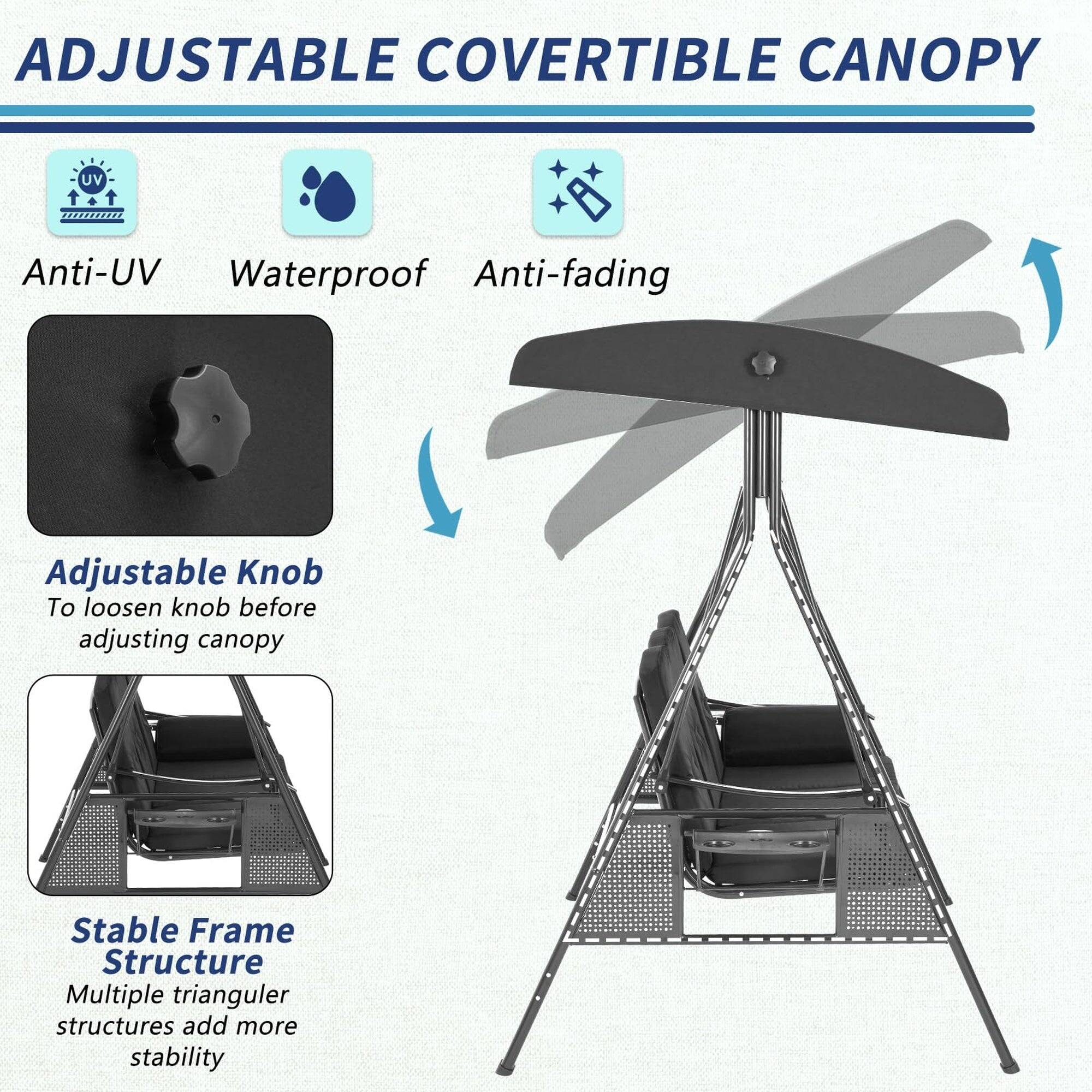 ADJUSTABLE COVERTIBLE CANOPY

- Anti-UV
- Waterproof
- Anti-fading

Adjustable Knob
To loosen knob before adjusting canopy

Stable Frame Structure
Multiple trianguler structures add more stability