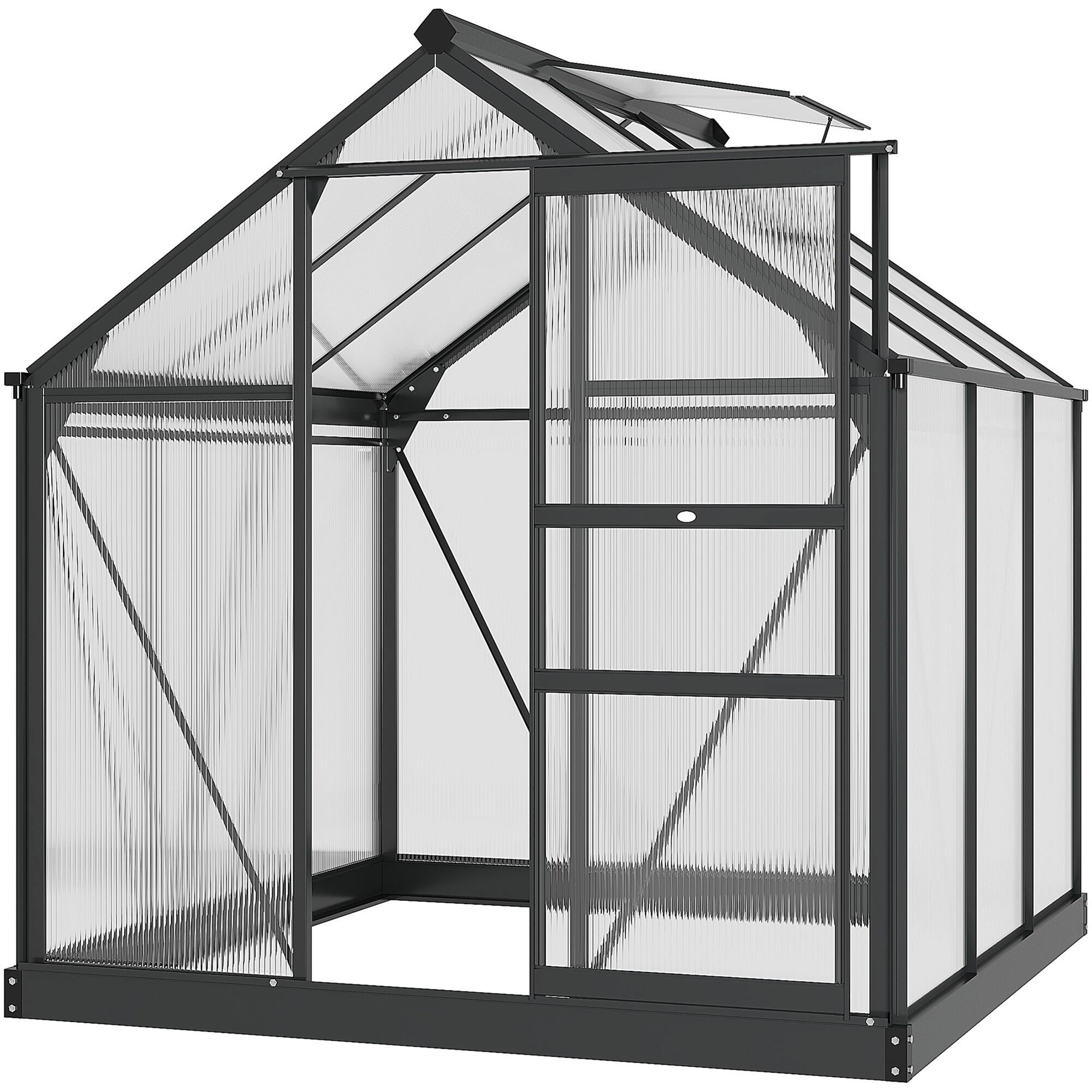 Outsunny - 6' x 6' Greenhouse for Outdoors, Polycarbonate Greenhouse with Rain Gutter and Roof Vent, Aluminum Walk-in Green Houses