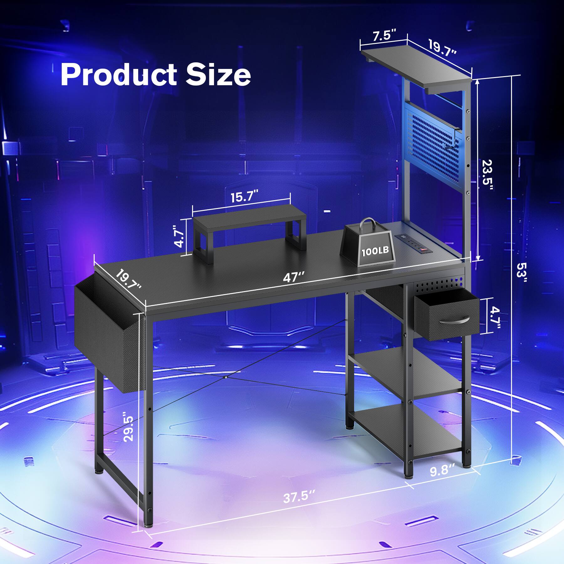 Product Size: 7.5" x 19.7" x 15.7" x 23.5" x 19.7" x 4.7" x 47" x 100LB x 4.7" x 53" x 29.5" x 37.5" x 9.8"