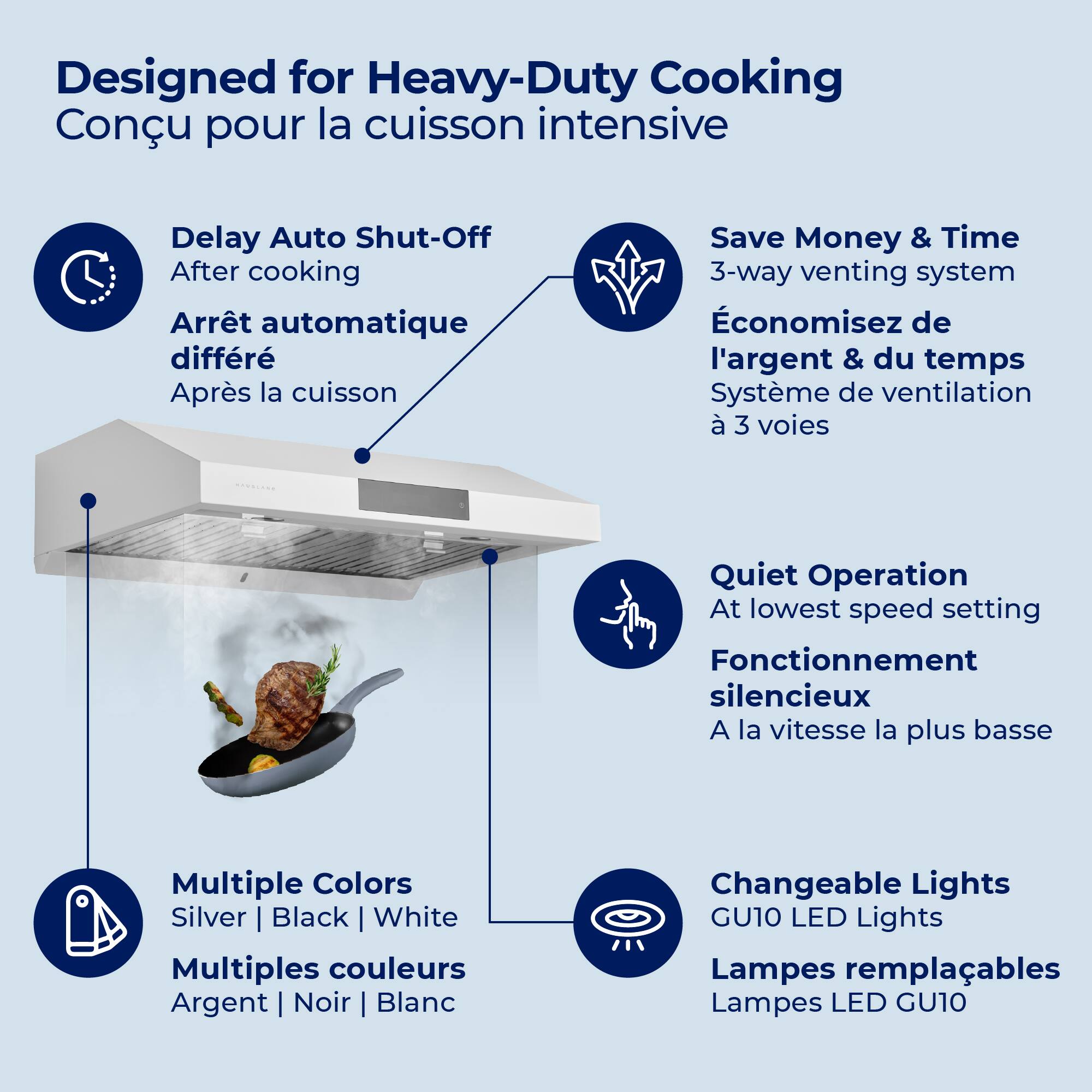 Designed for Heavy-Duty Cooking  
Conçu pour la cuisson intensive  

Delay Auto Shut-Off  
After cooking  
Arret automatique differé  
Apres la cuisson  

Save Money & Time  
3-way venting system  
Economisez de l'argent & du temps  
Systeme de ventilation à 3 voies  

Quiet Operation  
At lowest speed setting  
Fonctionnement silencieux  
A la vitesse la plus basse  

Multiple Colors  
Silver | Black | White  
Multiples couleurs  
Argent | Noir | Blanc  

Changeable Lights  
GU10 LED Lights  
Lampes remplaçables  
Lampes LED GU10