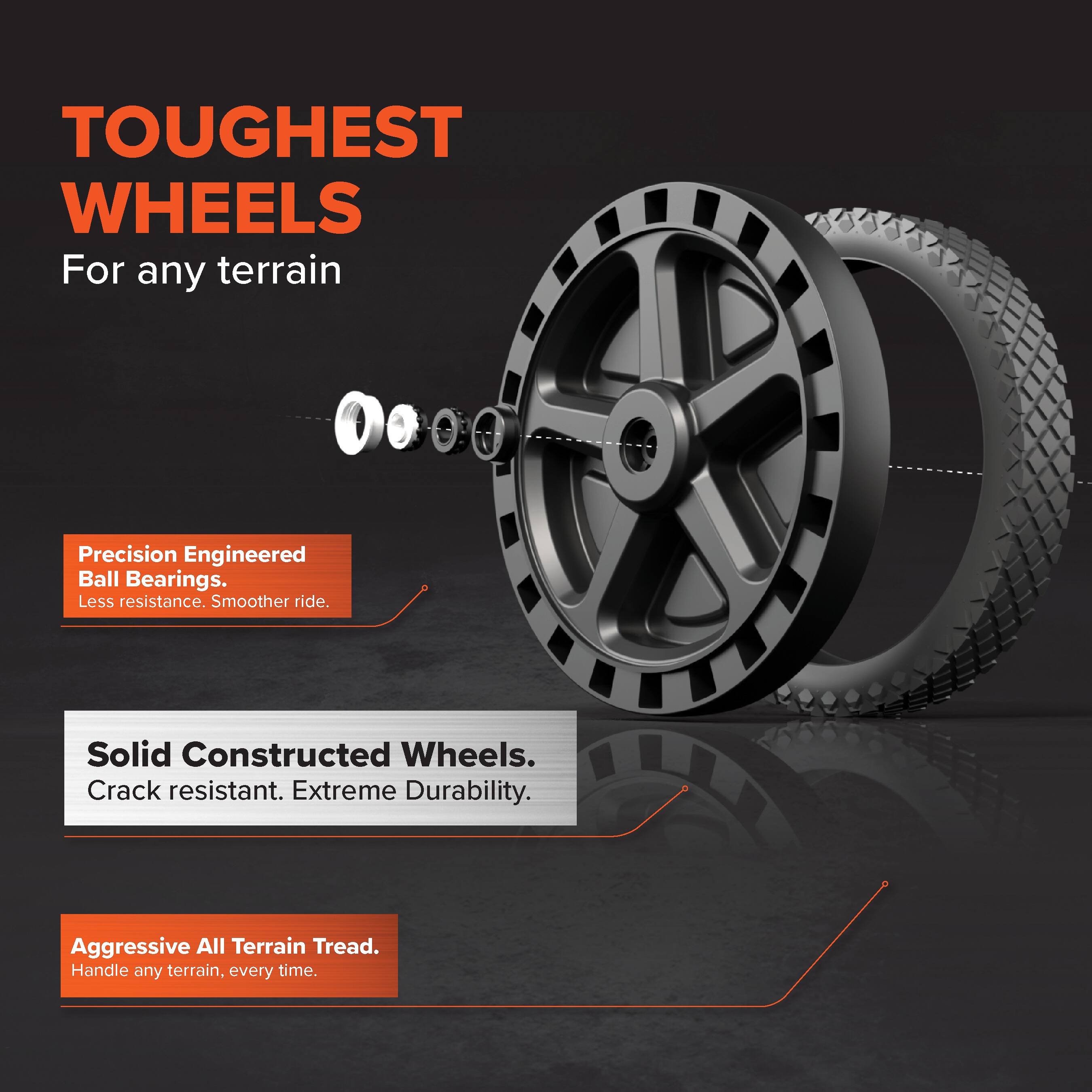 TOUGHEST WHEELS For any terrain

Precision Engineered Ball Bearings. Less resistance. Smoother ride.

Solid Constructed Wheels. Crack resistant. Extreme Durability.

Aggressive All Terrain Tread. Handle any terrain, every time.
