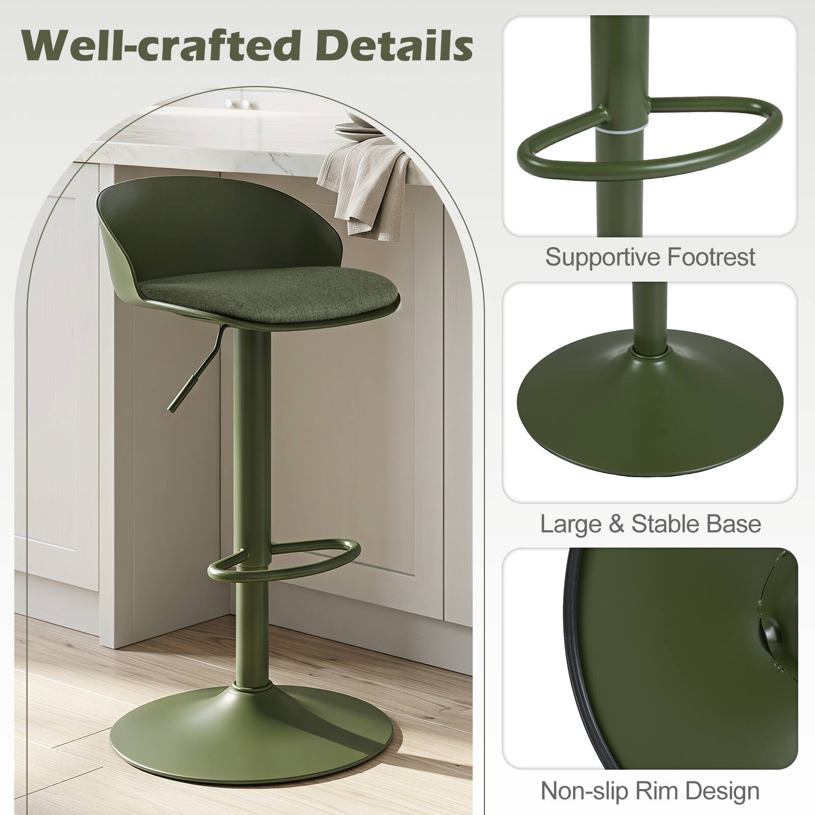 Well-crafted Details  
Supportive Footrest  
Large & Stable Base  
Non-slip Rim Design