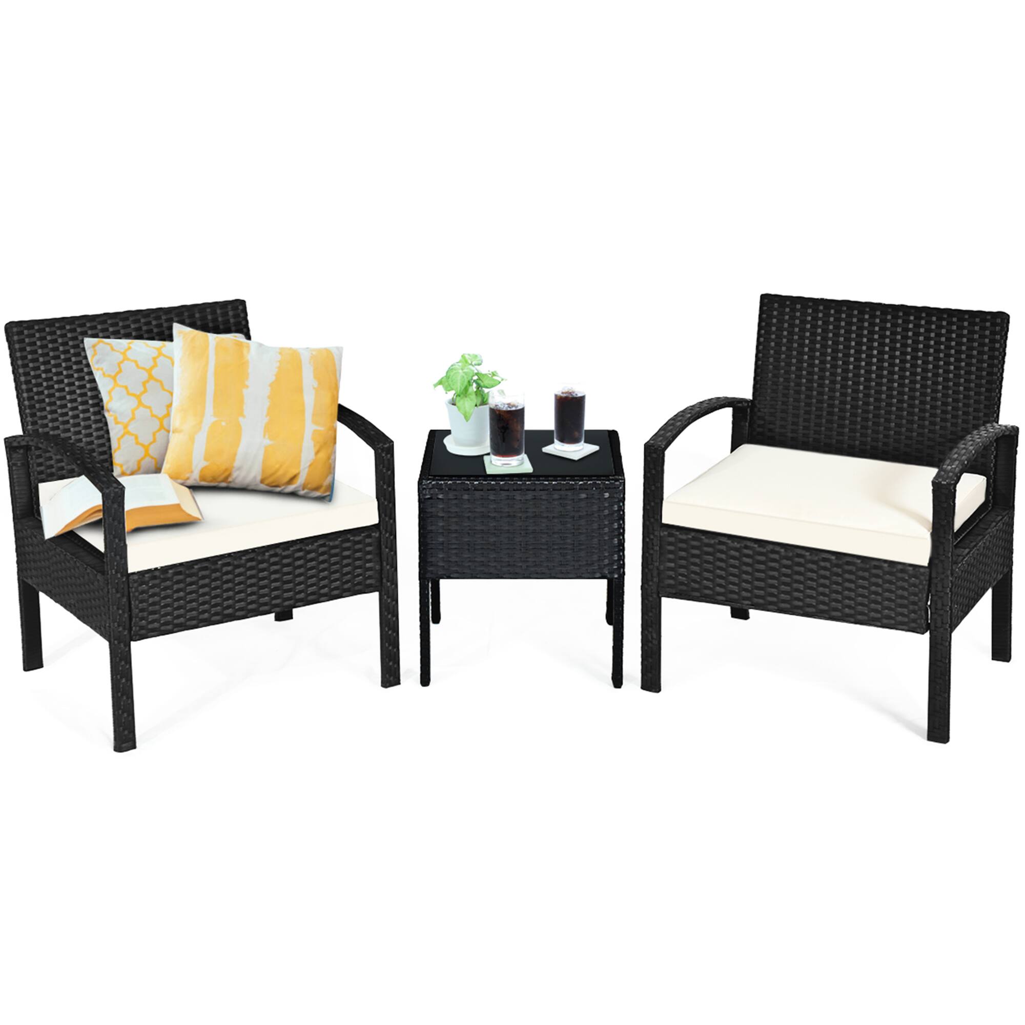 Alt View 7. Gymax - Gymax 3PCS Patio Rattan Furniture Set Conversation Sofa Cushioned Coffee Table Garden - Black.