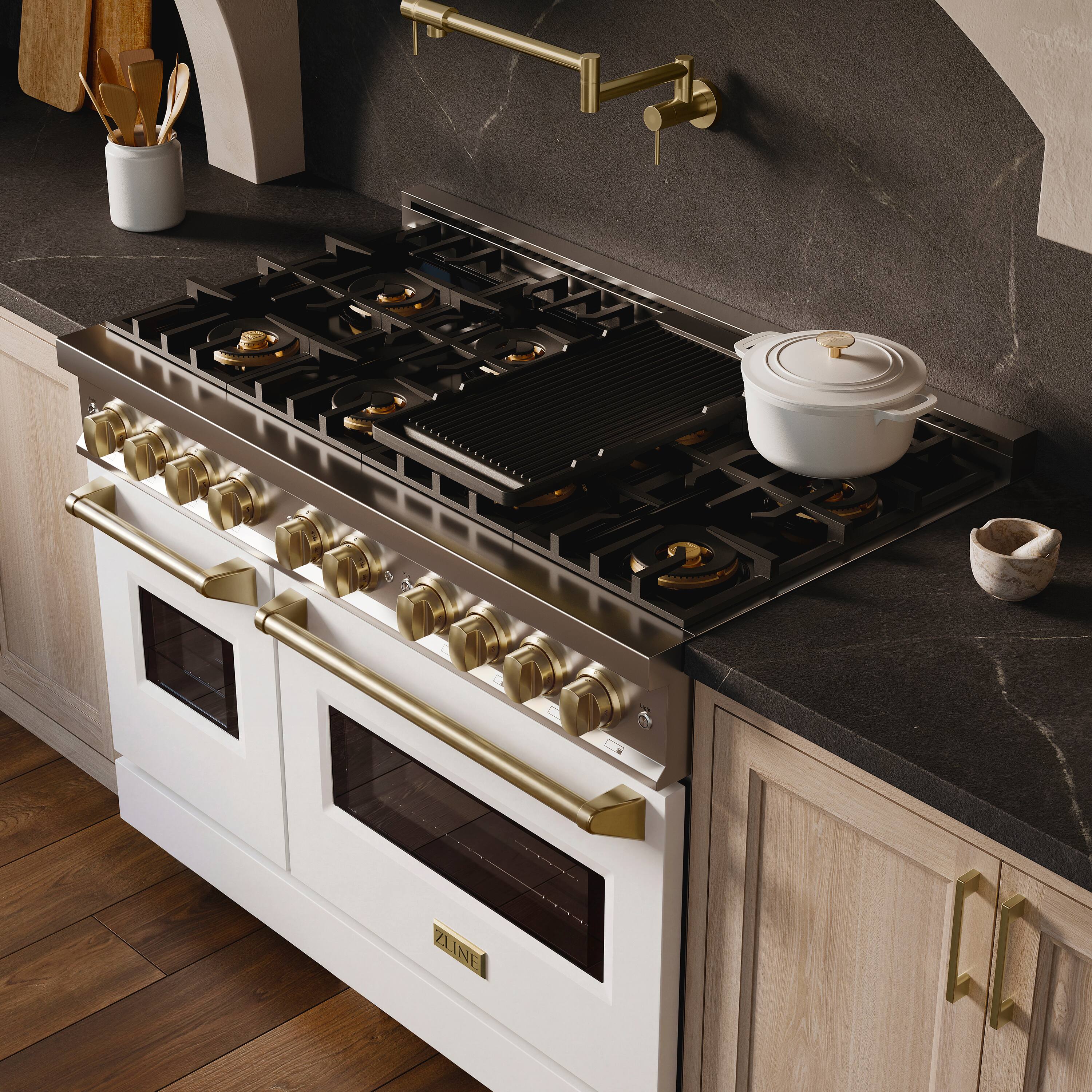 Alt View 6. ZLINE - Autograph 48 in. 6.7 cu. ft. Classic Freestanding DuoPro Gas Range w/ White Matte Door and Champagne Bronze Accents - White Matte.