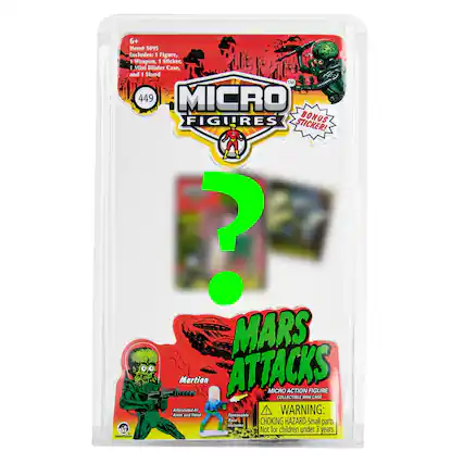 6+ Item# 5095 Includes: 1 Figure, 1 Weapon, 1 Sticker, 1 Mini Blister Case, and 1 Stand
MICRO FIGURES
449
MARS ATTACKS MICRO COLLECTIBLE ACTION FIGURE
BONUS STICKER!
WARNING: CHOKING HAZARD - Small parts. Not for children under 3 years.