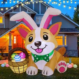 GOOSH Inflatables - GOOSH 4.5 FT Easter Inflatables Dog Puppy in Bunny Hat and Colorful Eggs with LED Lights - Brown