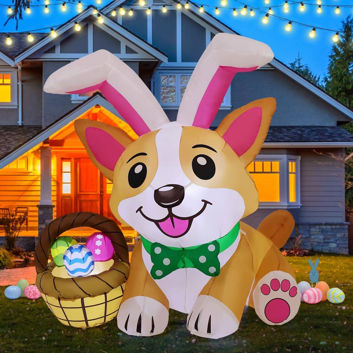 Front. GOOSH Inflatables - GOOSH 4.5 FT Easter Inflatables Dog  Puppy in Bunny Hat and Colorful Eggs with LED Lights - Brown.