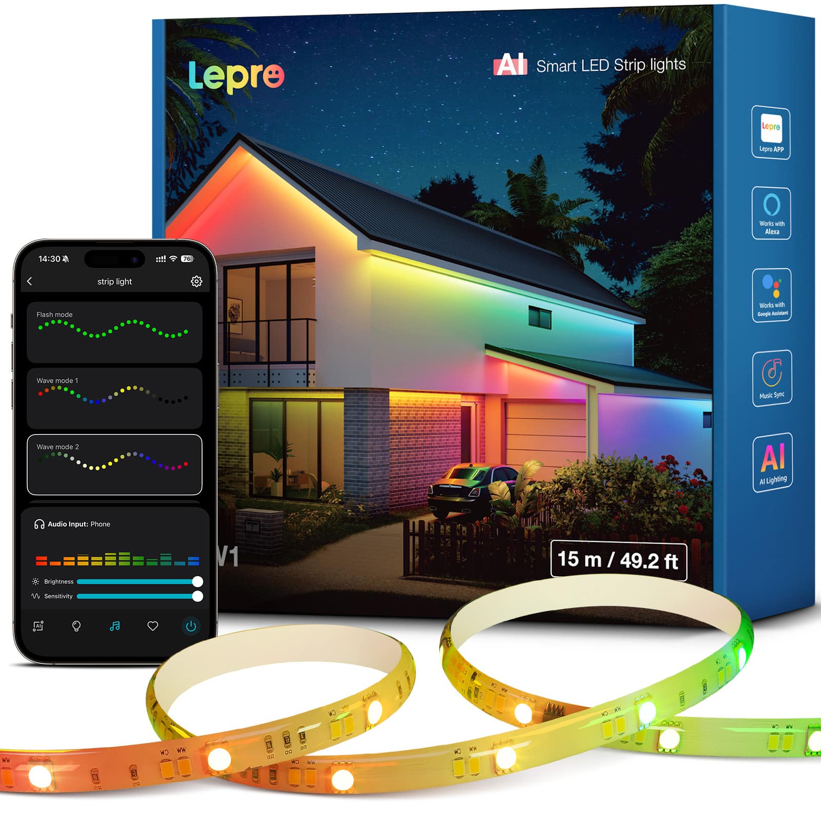 Lepre  
AI Smart LED Strip lights  
Lepre APP  
Works with Alexa  
14:30  
strip light  
Flash mode  
Wave mode 1  
Wave mode 2  
Music Sync  
Audio Input: Phone  
Brightness  
Sensitivity  
15 m / 49.2 ft  
AI Lighting  
V1