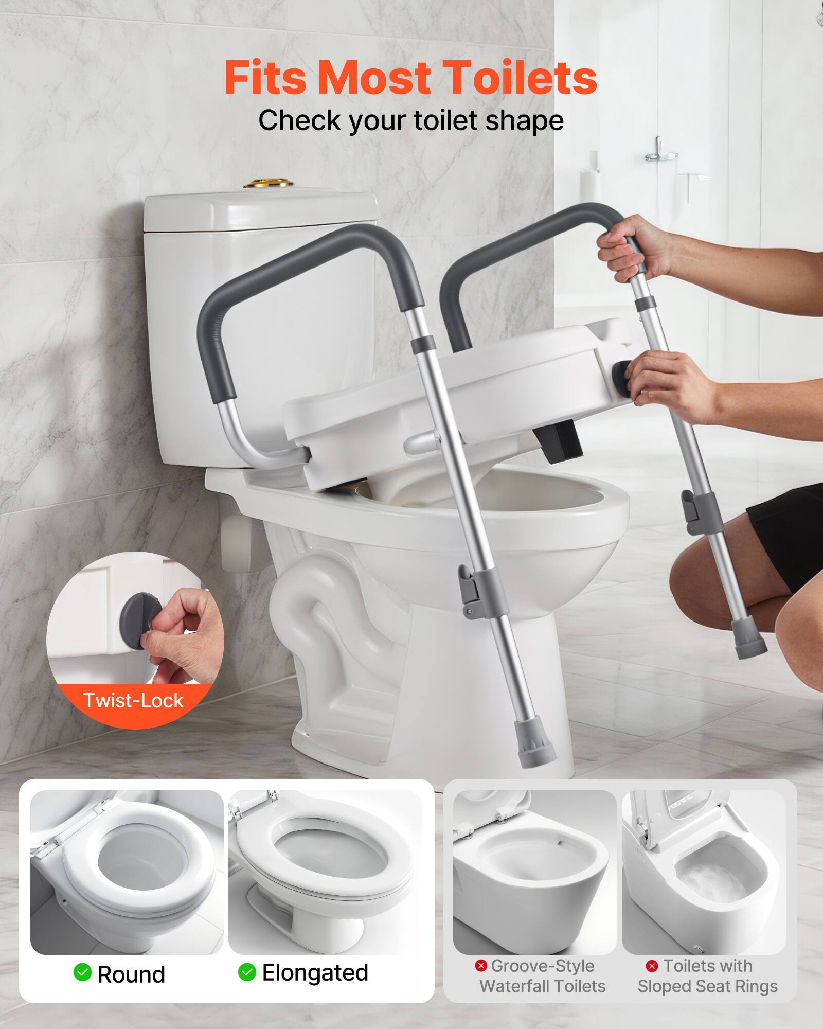 Fits Most Toilets  
Check your toilet shape

- Round
- Elongated

Twist-Lock

- Groove-Style Toilets
- Toilets with Waterfall Toilets
- Sloped Seat Rings