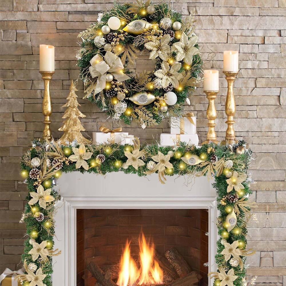 Alt View 1. RTMB - 24" Pre-Lit Christmas Wreath, Champagne Gold with LED Lights - Color: 04-champagne Gold.