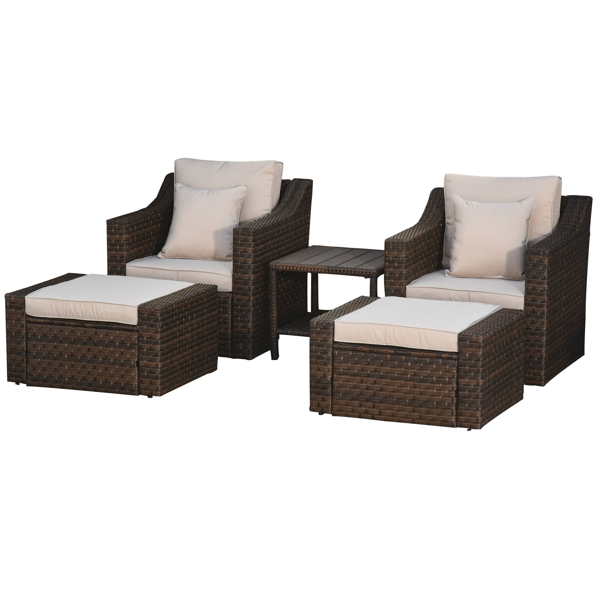 Outsunny - 5 Piece Patio Furniture Set, All Weather PE Rattan Conversation Chair, and Ottoman Set with Coffee Table - Beige