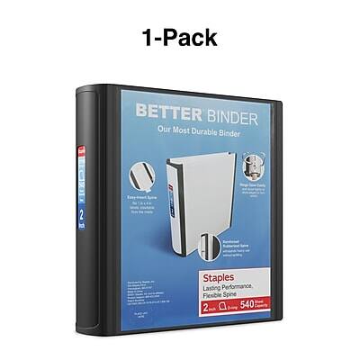 1-Pack  
BETTER BINDER  
Our Most Durable Binder  

Staples  
Lasting Performance, Flexible Spine  
2" 540