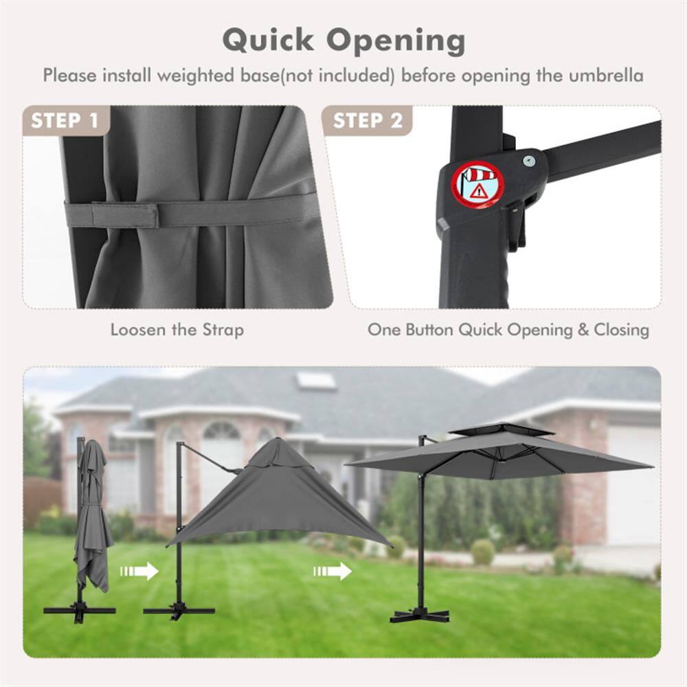 Quick Opening

Please install weighted base (not included) before opening the umbrella

STEP 1
Loosen the Strap

STEP 2
One Button Quick Opening & Closing