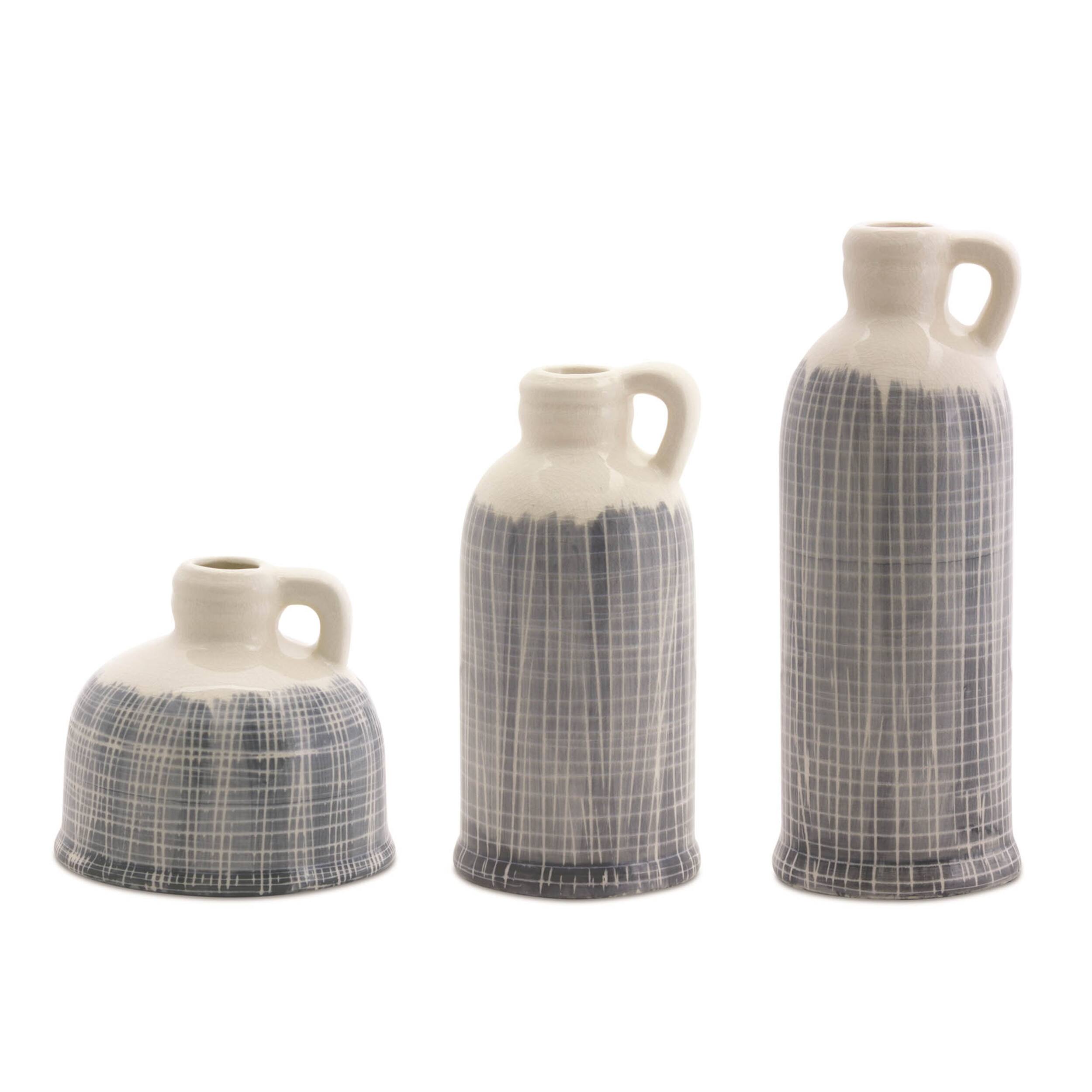 Front. BreeBe - Terra Cotta Jug Vase with Navy Criss Cross Pattern (Set of 3) - Blue, White.
