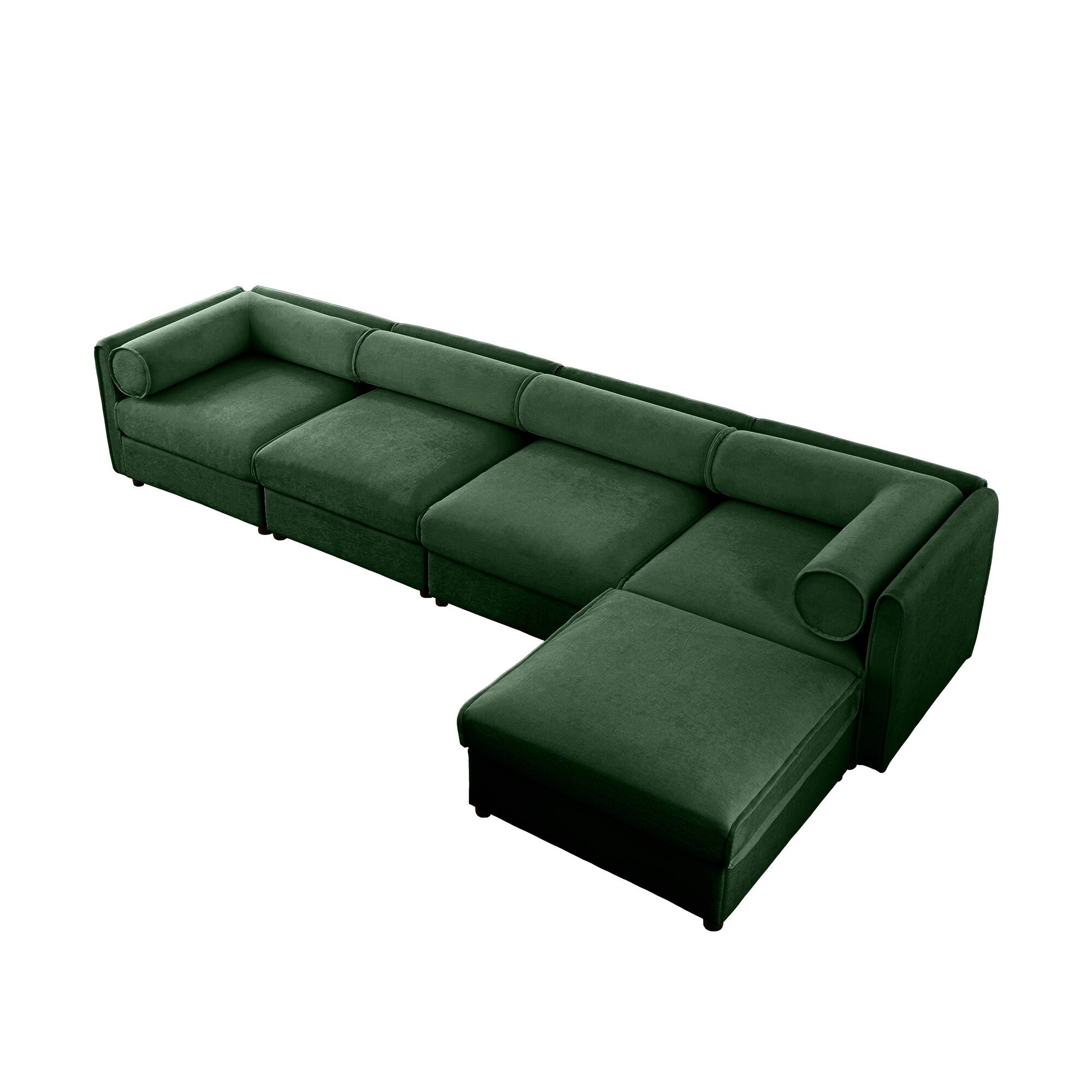 Alt View 7. LOVMOR - 4 Seat Chenille Modular Sectional Couch L Shaped Storage Ottoman Cylindrical Support For Living Room Plush Den - Green.