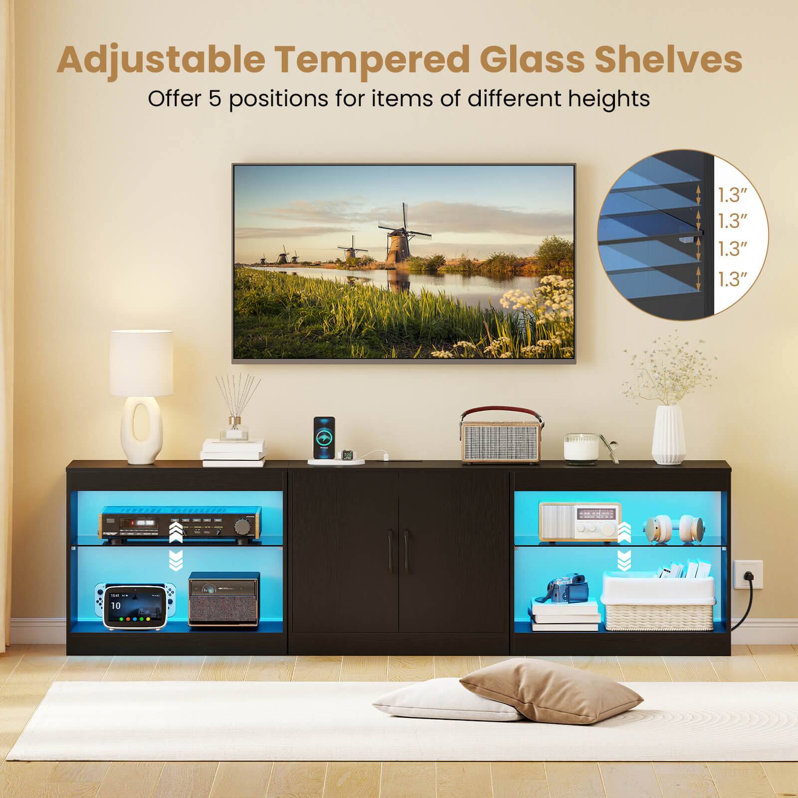 Adjustable Tempered Glass Shelves  
Offer 5 positions for items of different heights  

1.3"  
1.3"  
1.3"  
1.3"
