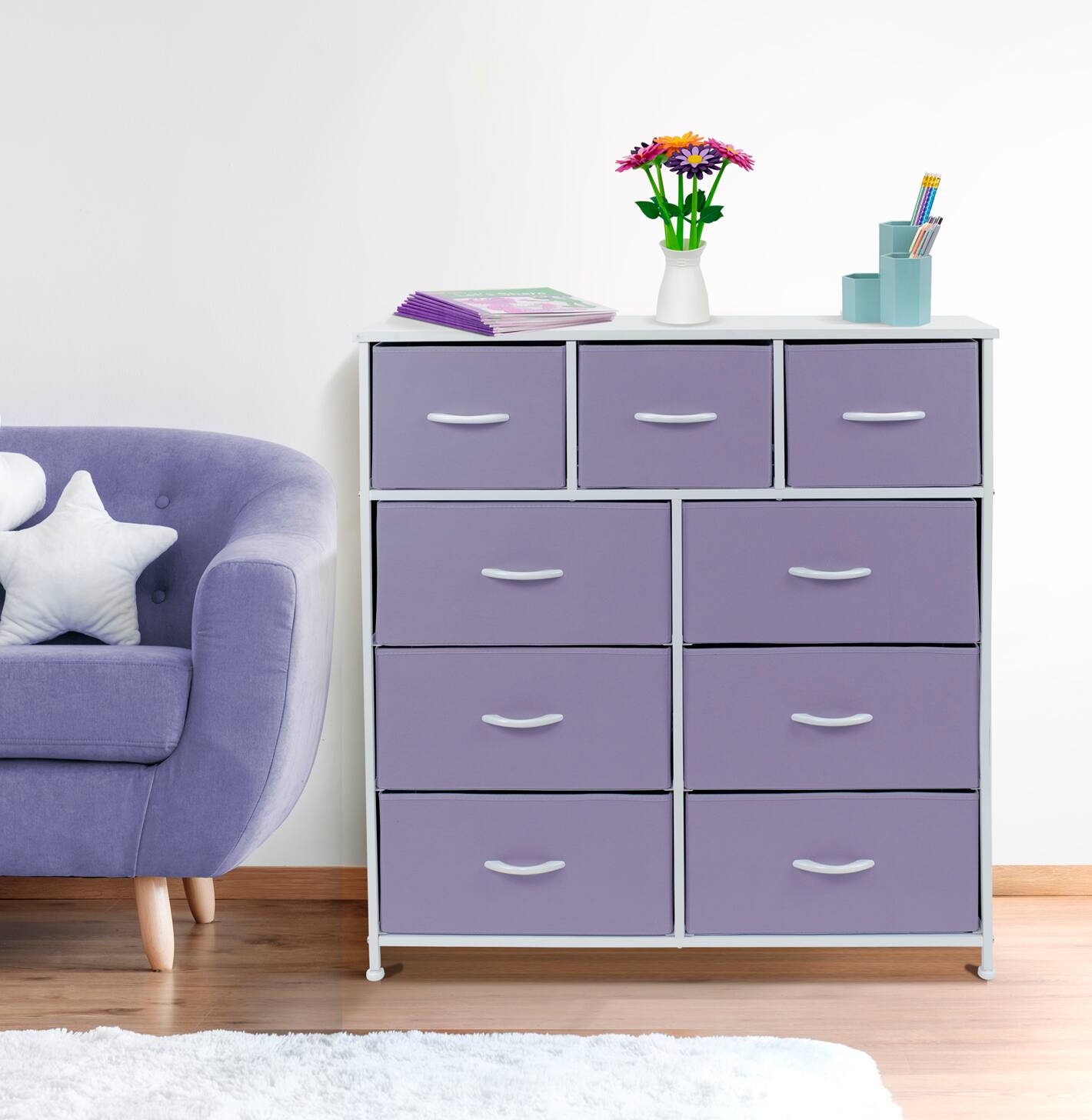 Alt View 4. Sorbus - Sorbus 9 Drawers Dresser - Furniture Storage for Bedroom, Closet, and More - Steel Frame, Wood Top, Fabric Bins - Purple.