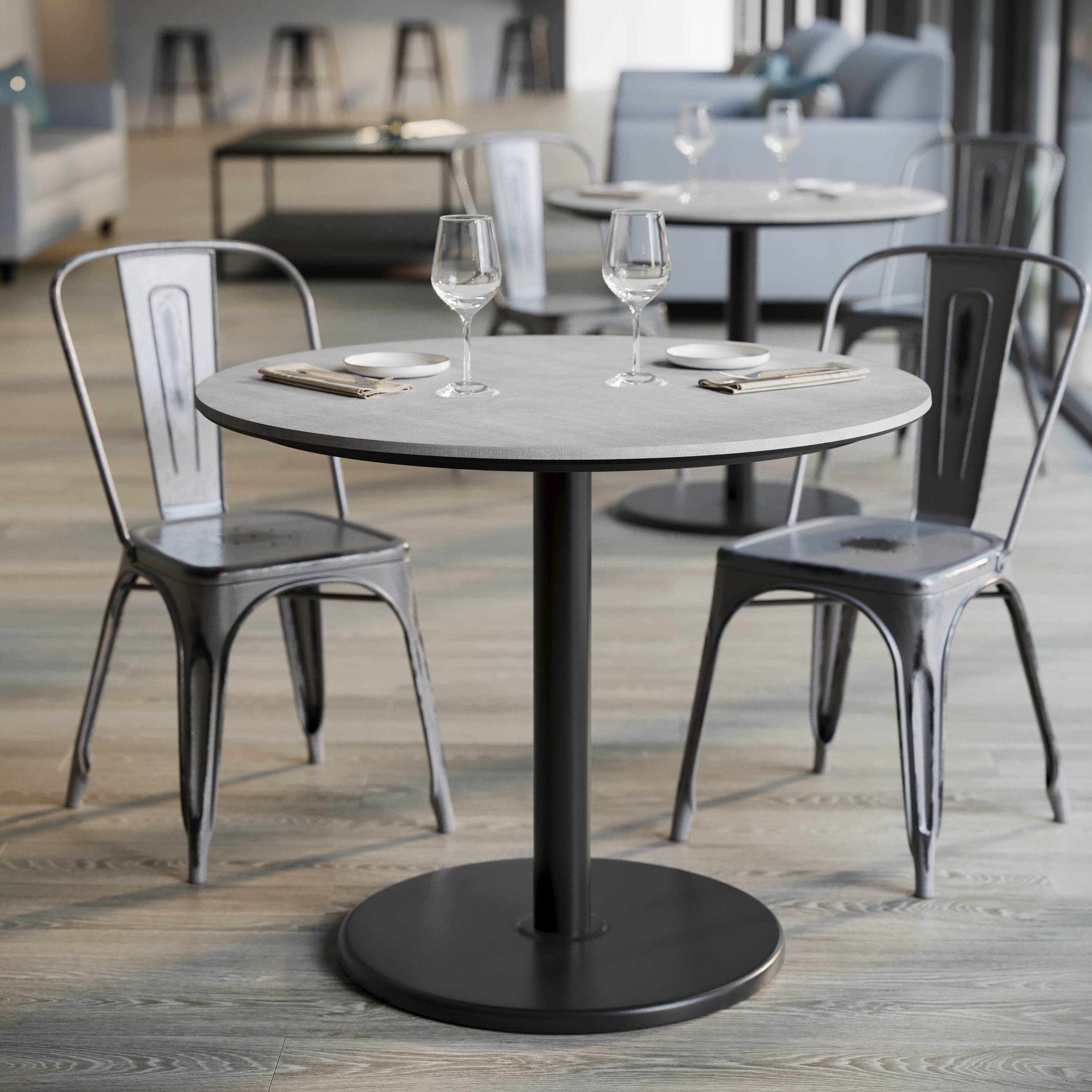 Alt View 4. Emma + Oliver - PureShield Tabletop with Seam-Free Surface Innovation and Table Height Round Base - Gray Faux Concrete/Black Base.