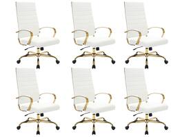 LeisureMod - Set of 6 Benmar Modern High-Back Leather Conference Office Chair with Gold Steel Frame, Swivel, and Tilt - White
