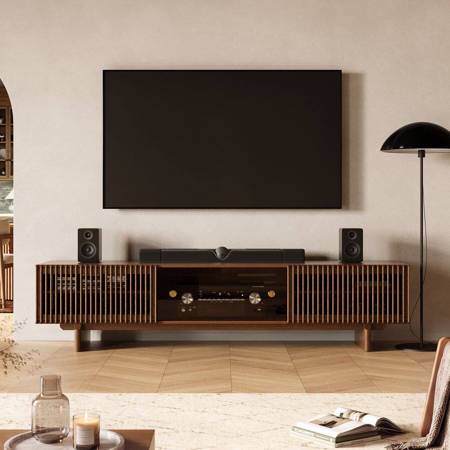 Angle. POVISON - 95" Mid-Century Modern TV Stand with storage - Walnut Color.