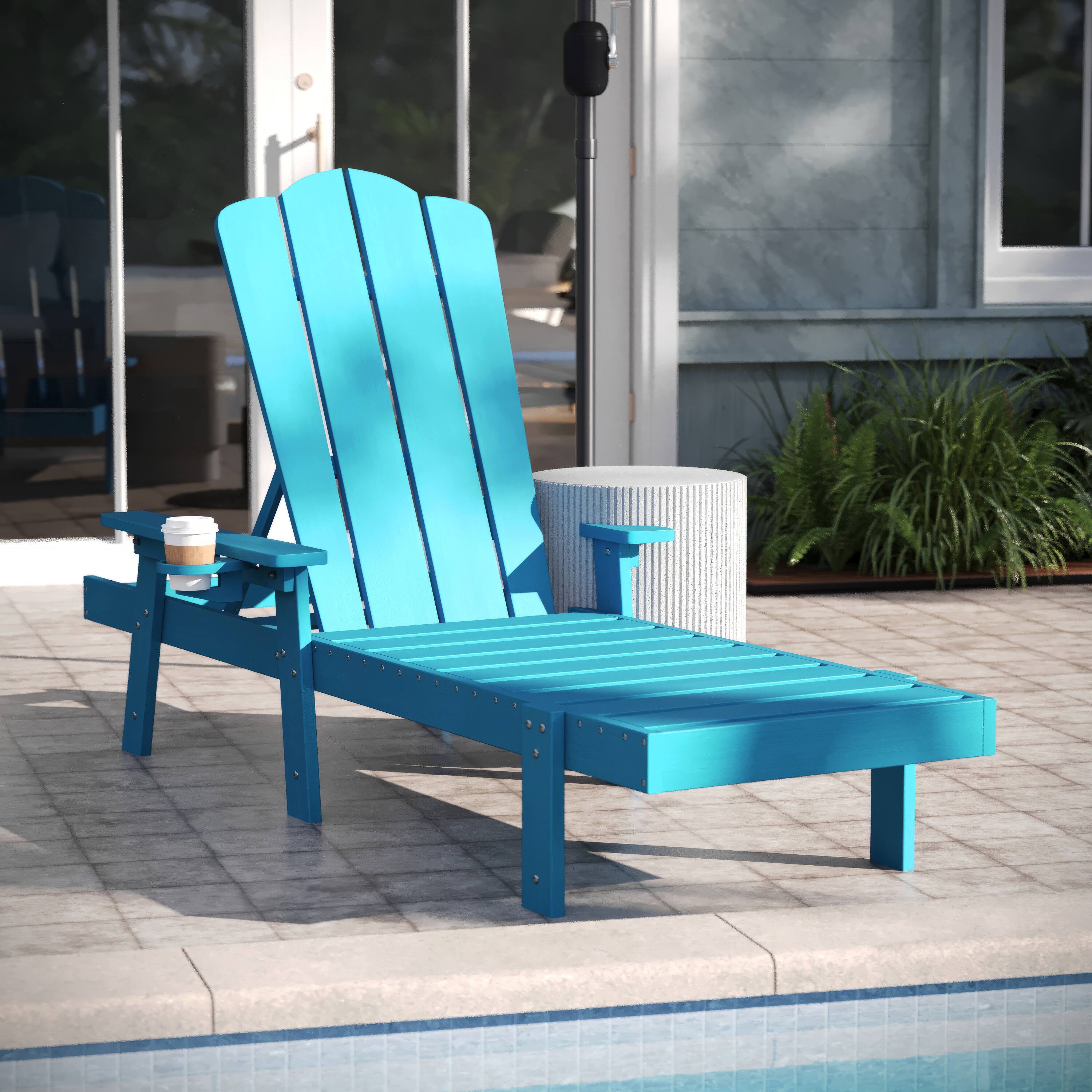 Alt View 4. Emma + Oliver - Stockton Set of 2 Recycled HDPE Adjustable Adirondack Loungers with Fold Out Cupholders for Indoor/Outdoor Use - Blue.