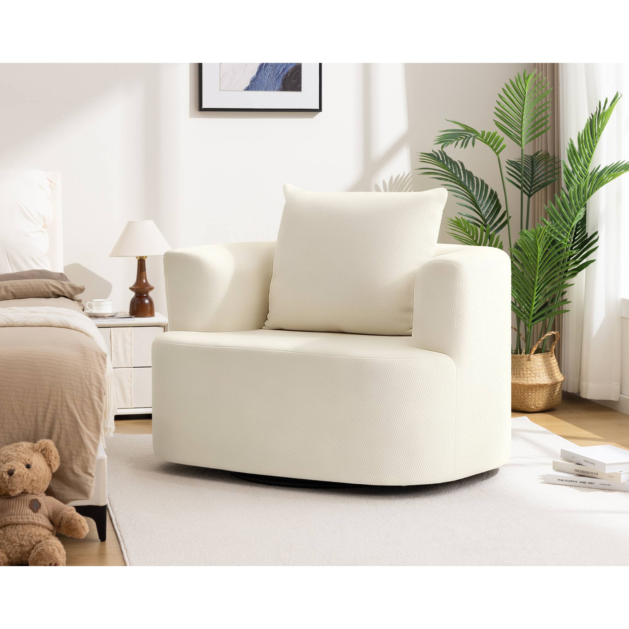 Alt View 6. KERDOM - Plush Swivel Accent Armchair, Single Sofa Lounge Chair, Upholstered Reading Chair, Reception Room Seating Rotating Base - Beige.