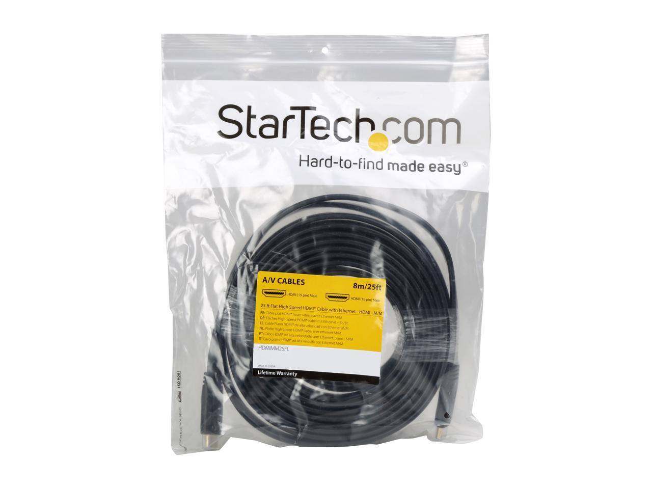 StarTech.com  
Hard-to-find made easy  

A/V CABLES  
8m/25ft  
HDMI (19 pin) Male to HDMI (19 pin) Male  

25 ft High Speed HDMI Cable with Ethernet - HDMI M/M  

Lifetime Warranty