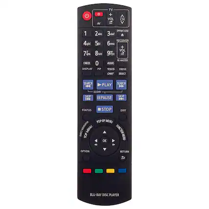 Sure, here is the corrected and grouped text from the image:
**Top Section:**
- TV
- VOL
- CH
- AV
- 1
- 2abc
- 3def
- 4ghi
- 5jkl
- 6mno
- 7pqrs
- 8tuv
- 9wxyz
- 0
- CANCEL
- DISPLAY
- PIP
- OPEN/CLOSE
- RECEIVER
- VOL
- RE-MASTER
- AUDIO
- VITA
- DRIVE
- CAST
- SELECT
- SEARCH
- PLAY
- SEARCH
- SLOW
- SKIP
- PAUSE
- SKIP
- STATUS
- STOP
- EXIT
- POP-UP MENU
- DIRECT NAVIGATOR
- DIRECT TOP MENU
- FUNCTION MENU
- OK
- D OPTION
- RETURN
**Bottom Section:**
- BLU-RAY DISC PLAYER