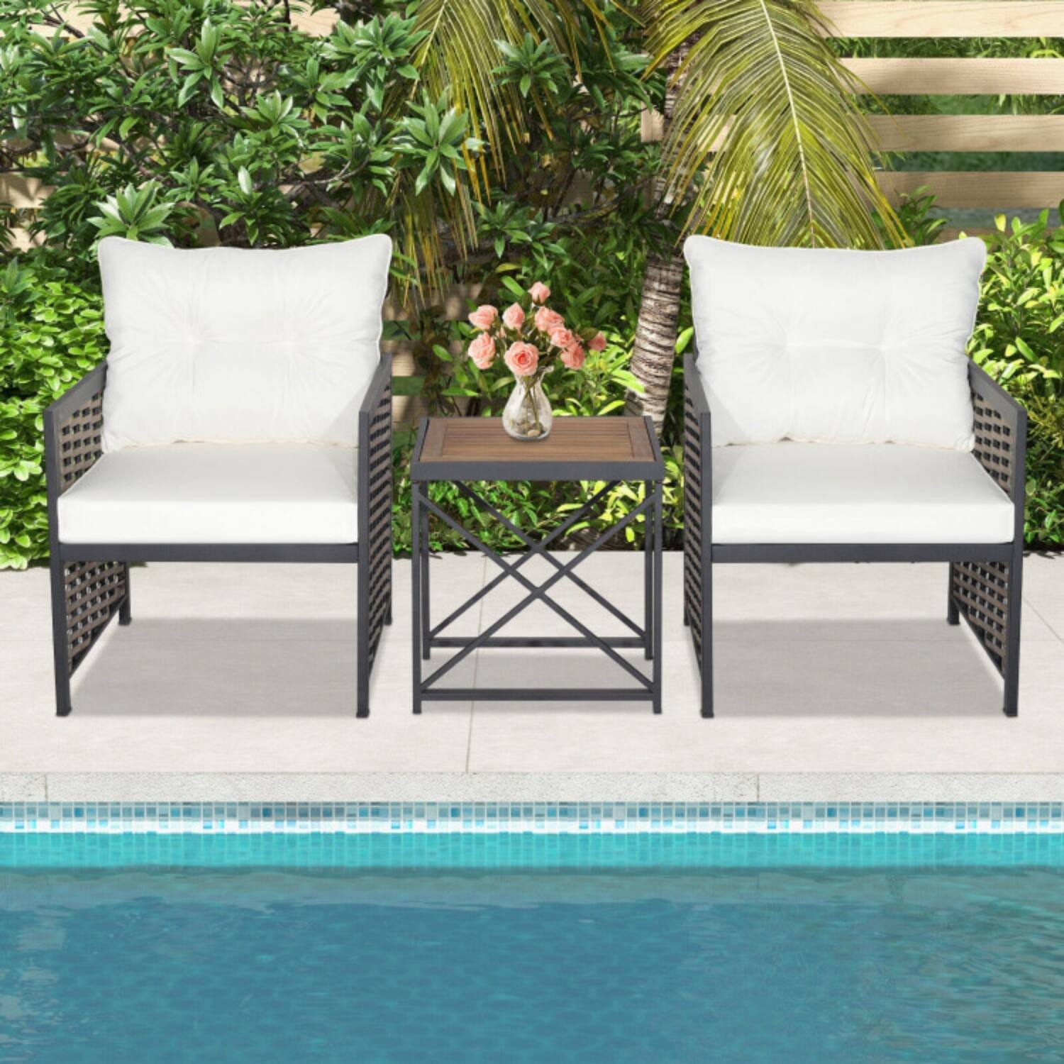 Alt View 1. Mondawe - 3-Piece Freestanding Rattan Patio Set with Acacia Wood Tabletop and Cushions - Brown+Black+White.