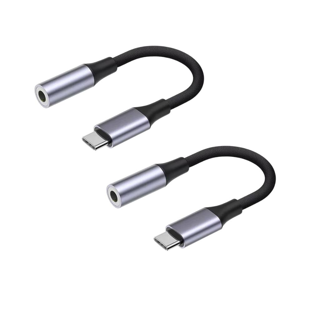 Alt View 1. Qixxronics - USB-C to 3.5 mm Headphone Jack Adapter, (2-Pack) USB C to Aux Audio Dongle Cable Compatible with iPhone 15 16 17, iPad - Gray.