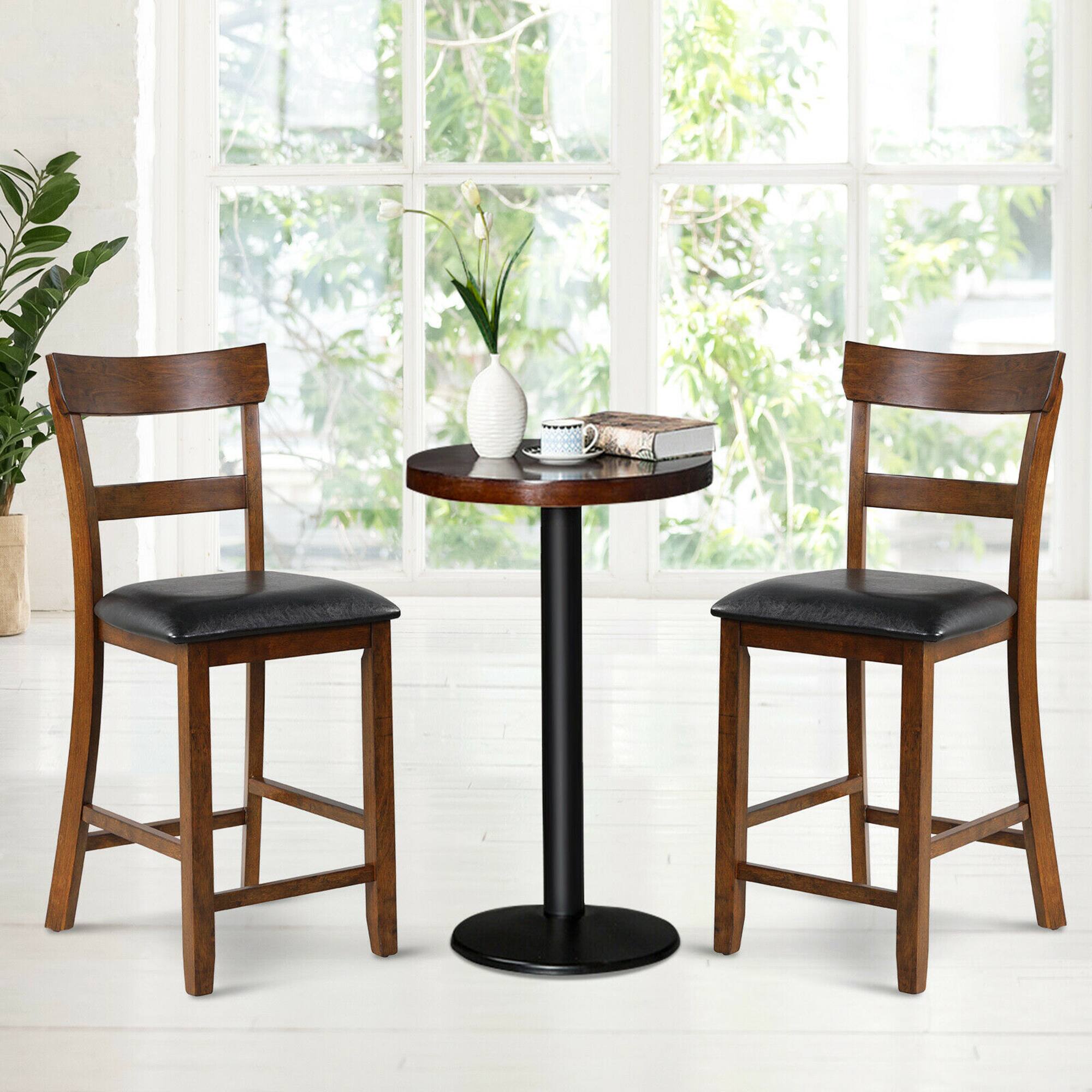 Alt View 3. Costway - Costway Set of 2 Barstools Counter Height Chairs w/Leather Seat & Rubber Wood Legs - Brown,Black.