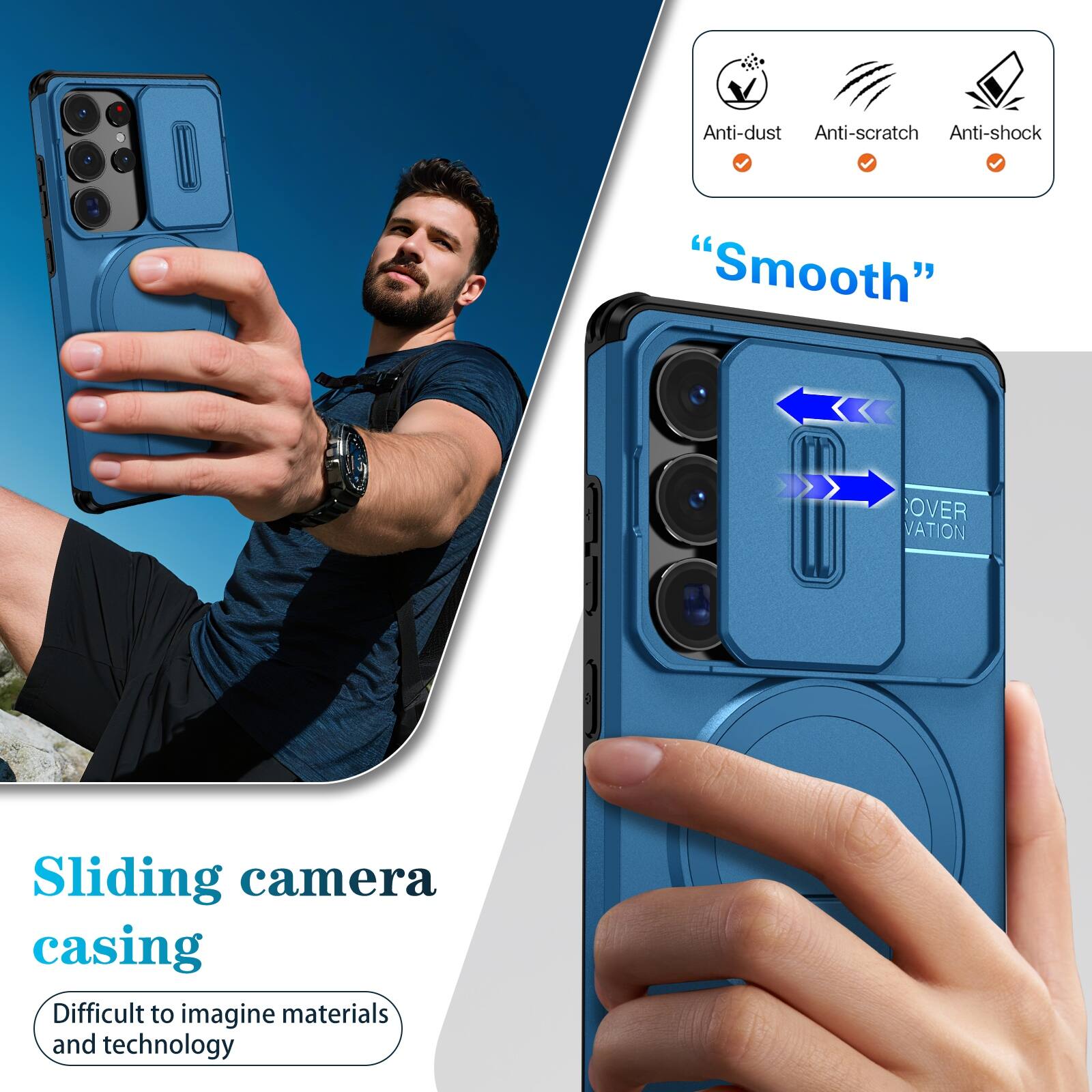 Anti-dust  
Anti-scratch  
Anti-shock  

"Smooth"  

Sliding camera casing  
Difficult to imagine materials and technology