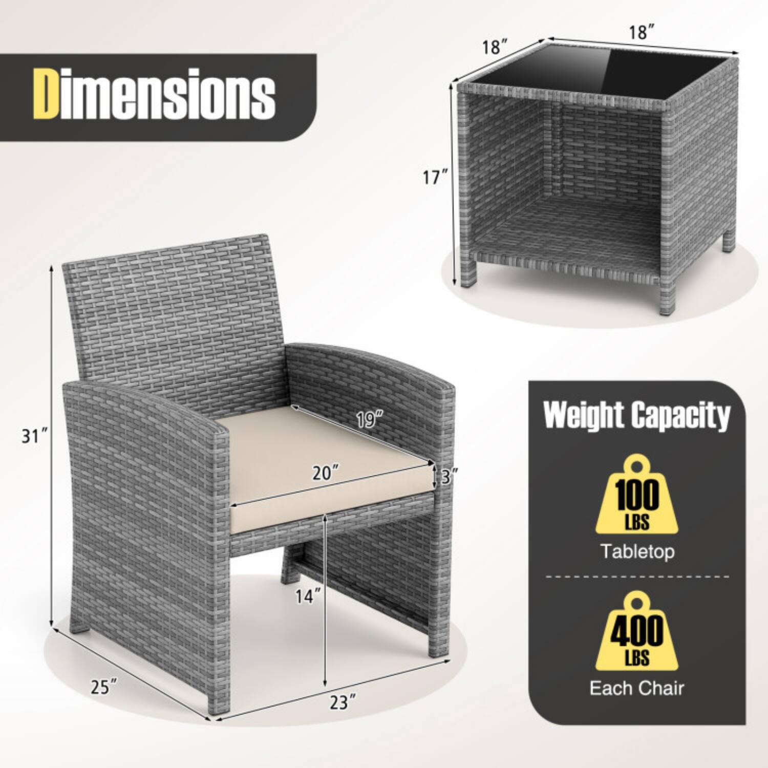 Dimensions:
- 18" x 18" x 17"
- 31" x 25" x 23" x 14" x 19"

Weight Capacity:
- Tabletop: 100 LBS
- Each Chair: 400 LBS
