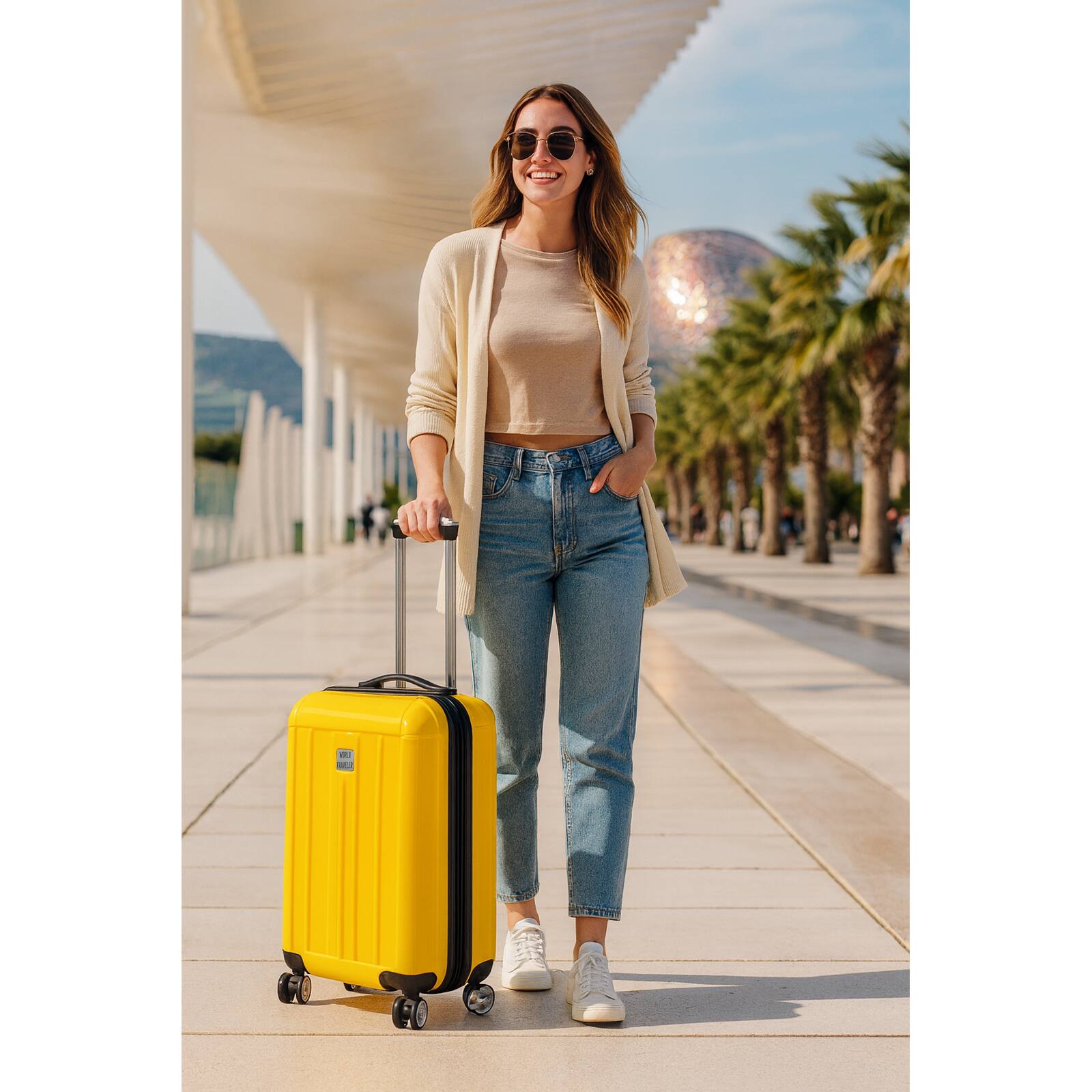 Angle. World Traveler - Contour 20-Inch Carry-On Lightweight Polycarbonate Hardside Expandable Spinner Luggage with TSA Lock - Yellow.