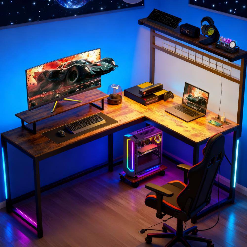 Alt View 1. PexFix - L-Shaped Gaming Desk with Power Outlets & LED Lights, 51" Corner Desk with Monitor Stand - Rustic Brown.