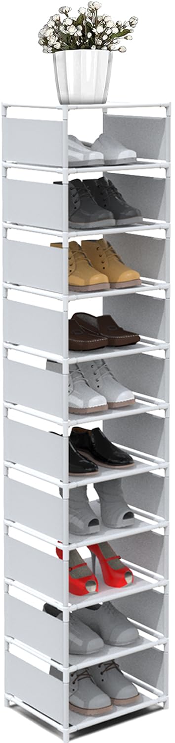 Front. ThinkLink Electronic - Vertical Narrow Tall Shoe Rack For Front Door Entrance Sturdy Metal Organizer Closet Entryway Storage Shelf - White.