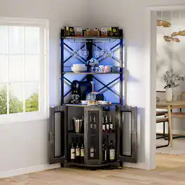 Aheaplus - Industrial 5-Tiers Corner Bar/Wine/Liquor Cabinet with Power Outlet, LED Strip & Glass Holder for Home Small Space - Gray Oak