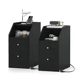 Costway - Set of 2 Side Tables with Charging Station Storage Drawers for Small Space Bedroom - Black