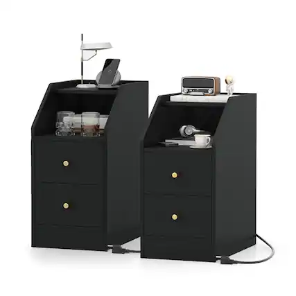 Front. Costway - Costway Set of 2 Side Tables with Charging Station Storage Drawers for Small Space Bedroom - Black.