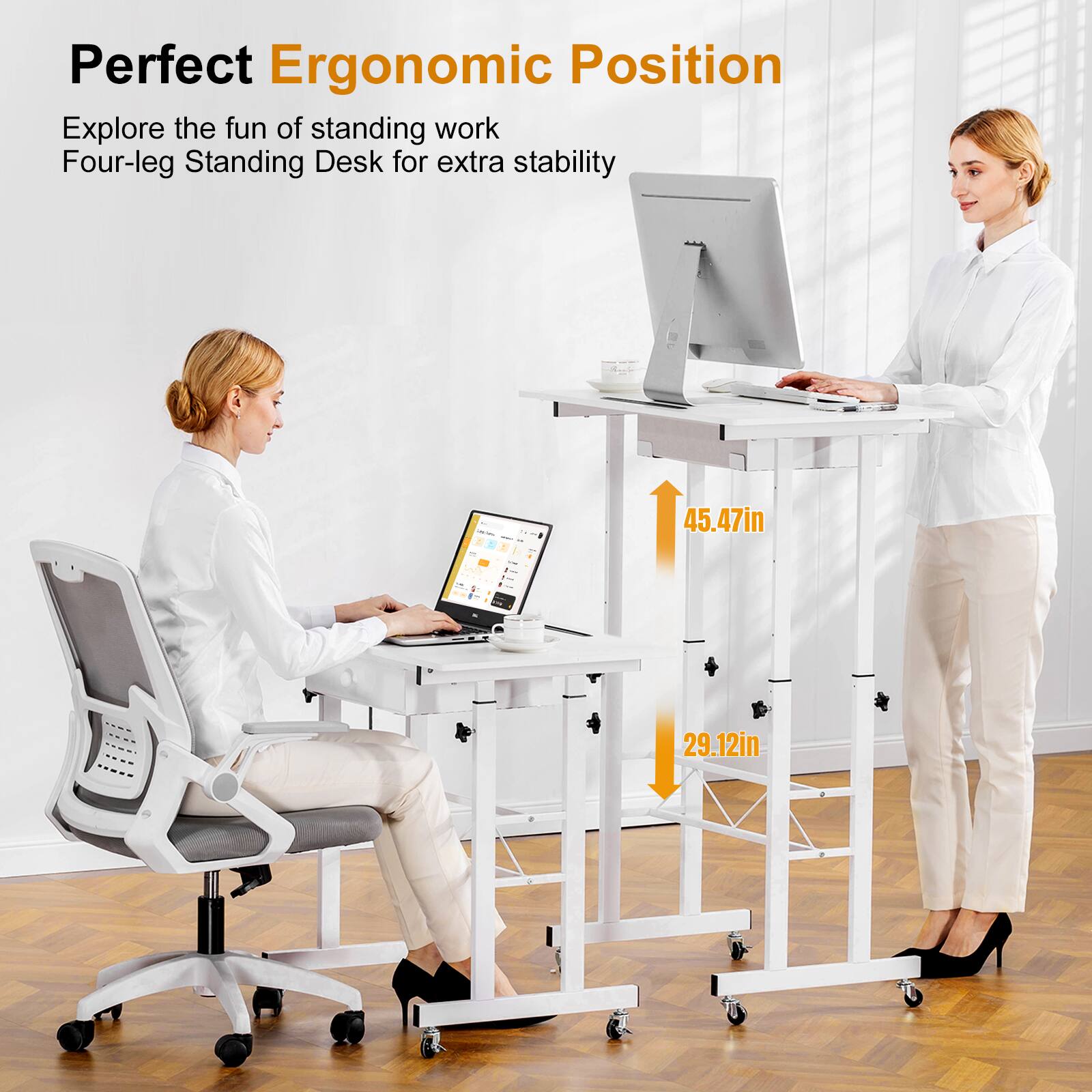 Perfect Ergonomic Position: Explore the fun of standing work with a Four-leg Standing Desk for extra stability.