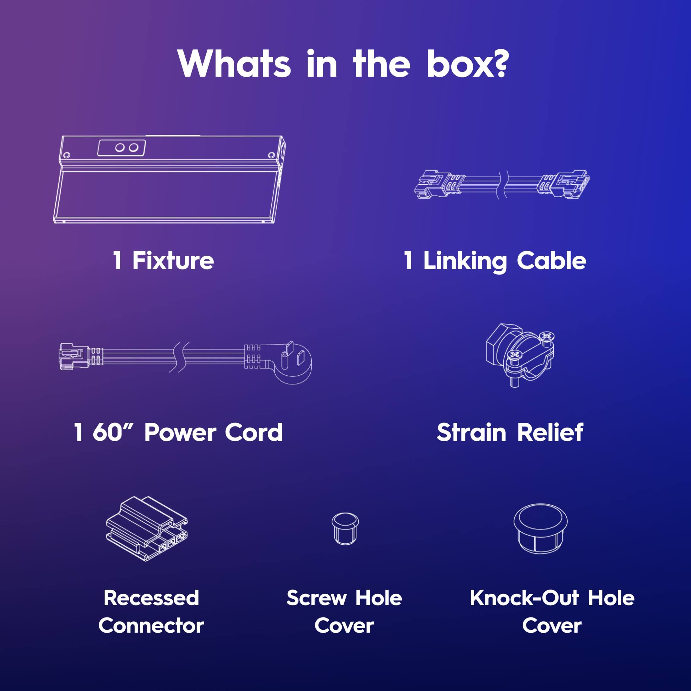 Whats in the box? 1 Fixture, 1 Linking Cable, 1 60" Power Cord, Strain Relief, Recessed Connector, Screw Hole Cover, Knock-Out Hole Cover.