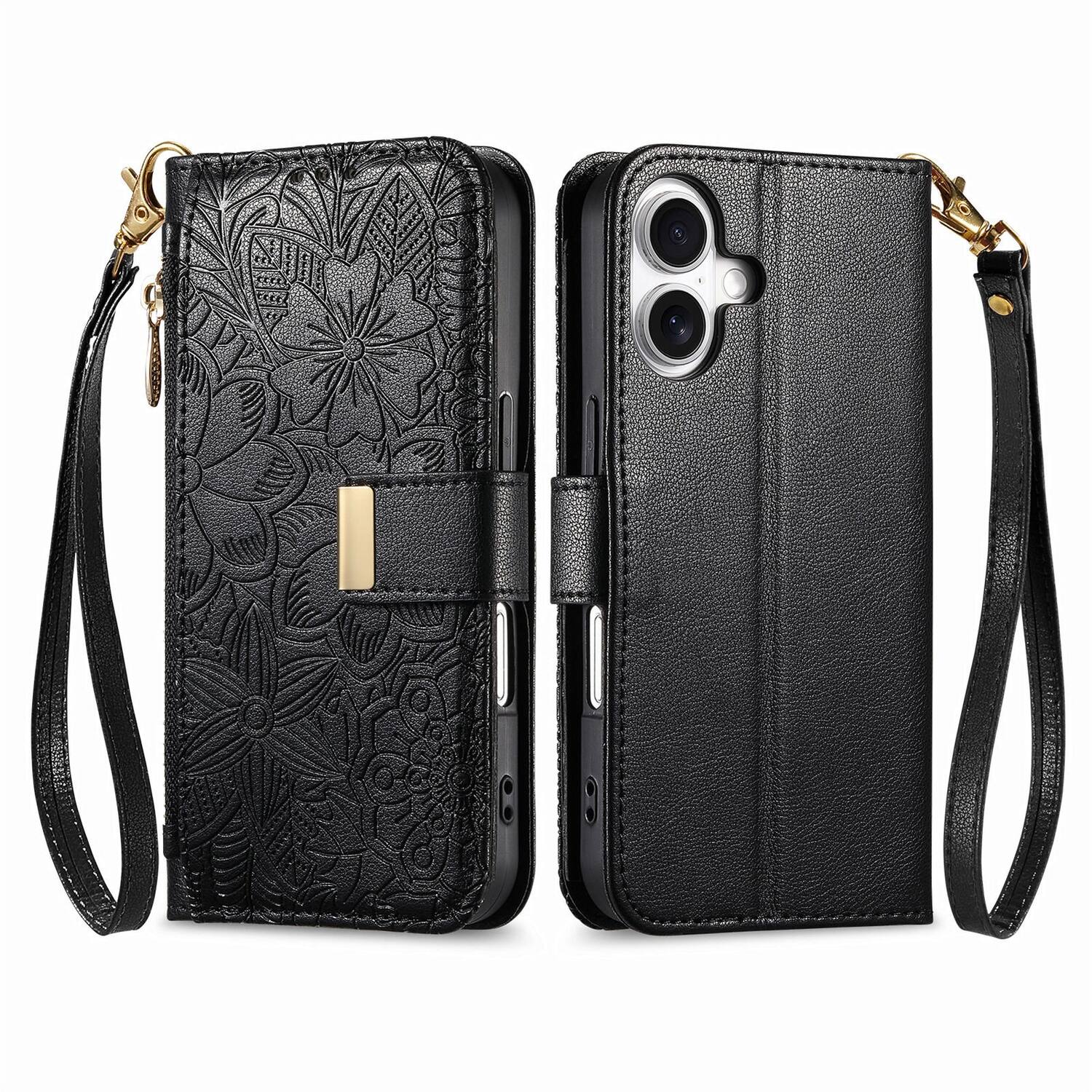 Angle. UUCOVER - Floral PU Leather Wallet Case for iPhone 16 Plus with Zipper Pocket, Card Slots,Shoulder & Wrist Strap, Stand Cover - Black.