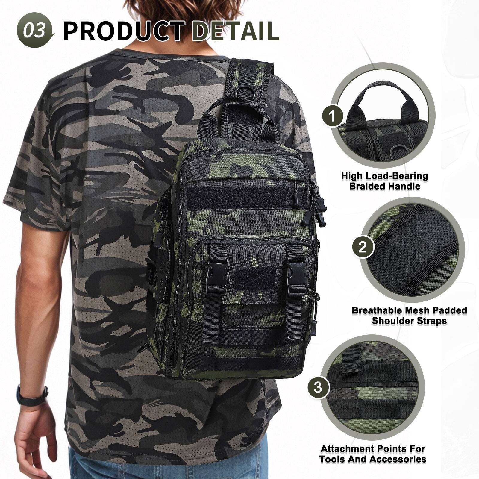 03 PRODUCT DETAIL

1. High Load-Bearing Braided Handle
2. Breathable Mesh Padded Shoulder Straps
3. Attachment Points For Tools And Accessories
