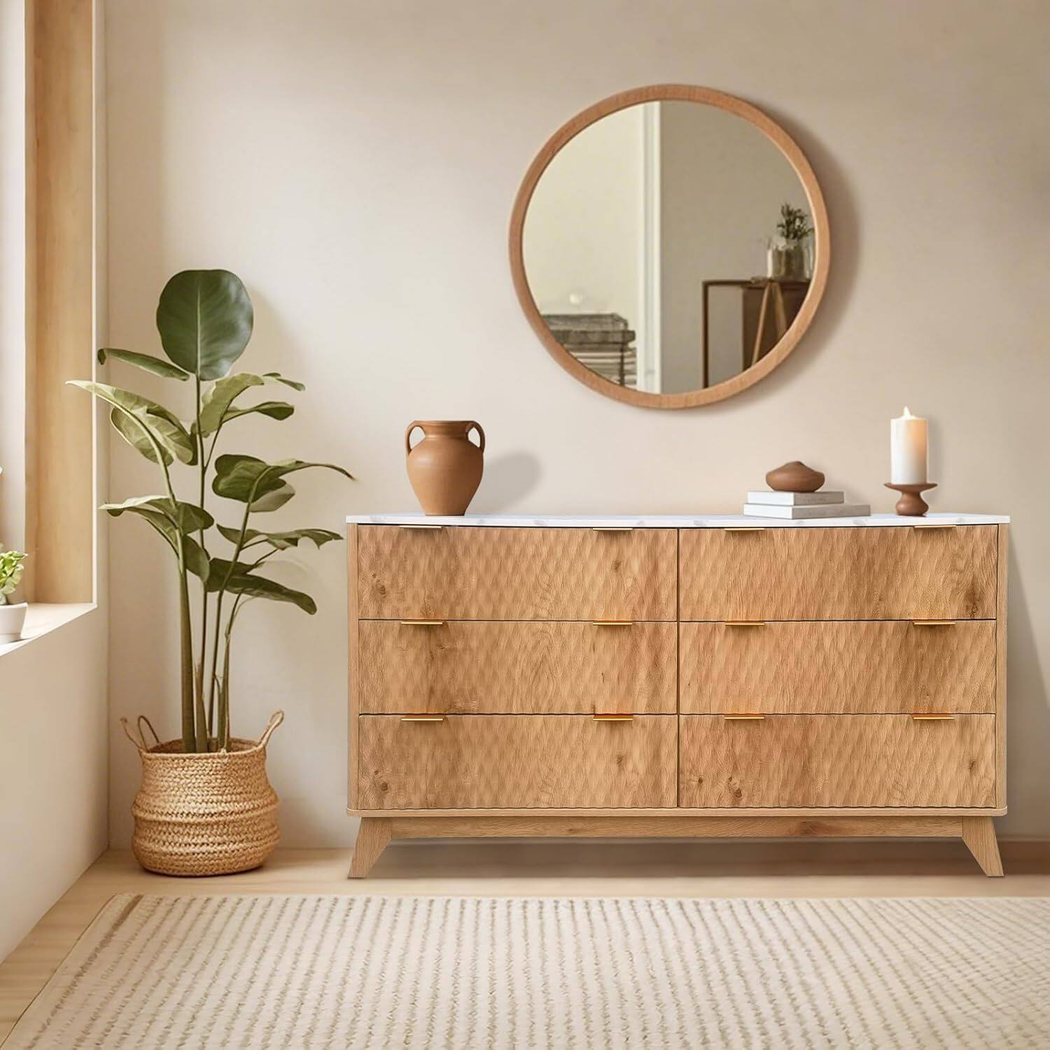 Alt View 2. Qeetex - 54" Farmhouse Style 6-Drawer Chest with Faux Marble Top, Wide Wood Dresser for Bedroom & Living Room - ‎Oak.