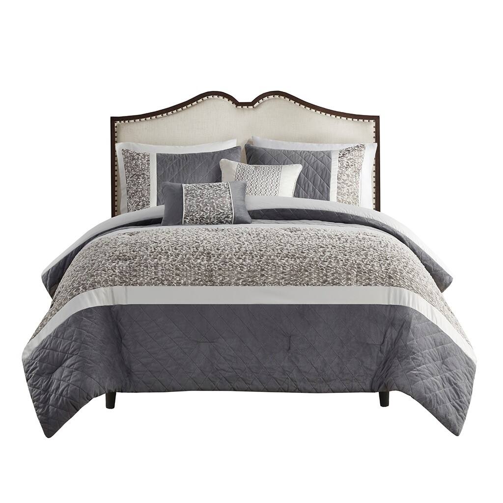 Front. Gracie Mills - Gracie Mills Cecilia 5 Piece Textured Jacquard Stripe Comforter Set with Throw Pillows - Grey.