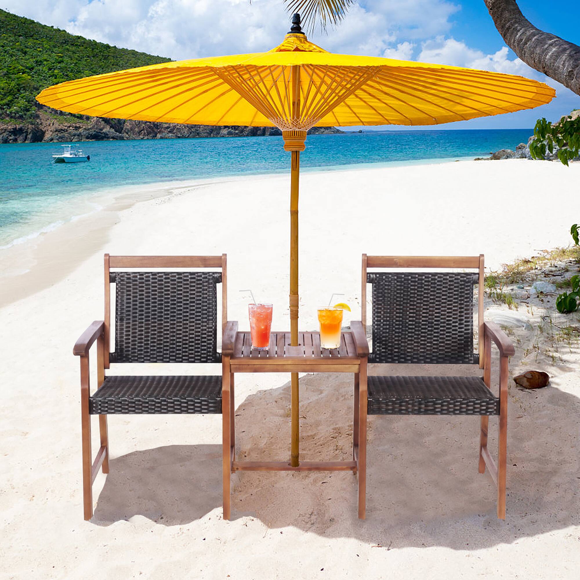 Alt View 2. Costway - Costway 2-Seat Patio Rattan Bench Acacia Wood Frame Table W/Umbrella Hole Deck - Reddish Brown.