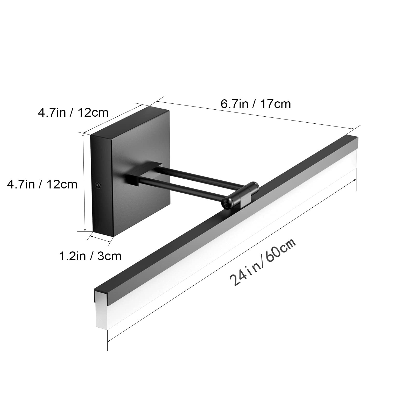 4.7in / 12cm  
4.7in / 12cm  
6.7in / 17cm  
1.2in / 3cm  
24in / 60cm