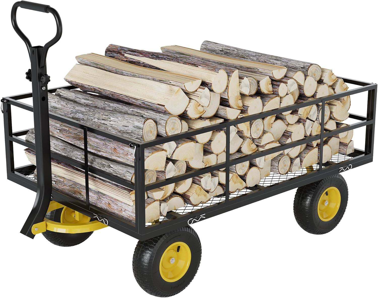 Alt View 4. Acekool - Yard Cart, 1400 LBS Capacity, 10" Pneumatic Tires, Convertible Flatbed, Heavy Duty Steel Utility Wagon, Black - Black.