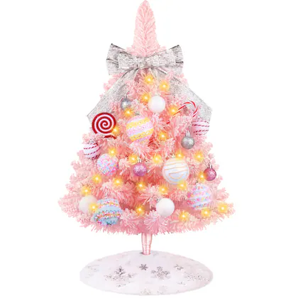 Front. Stylel Star - Mini Pink Christmas Tree with Lights, 2ft Artificial Small Table Top Christmas Tree with Bow, Ball Ornaments and... - Pink.