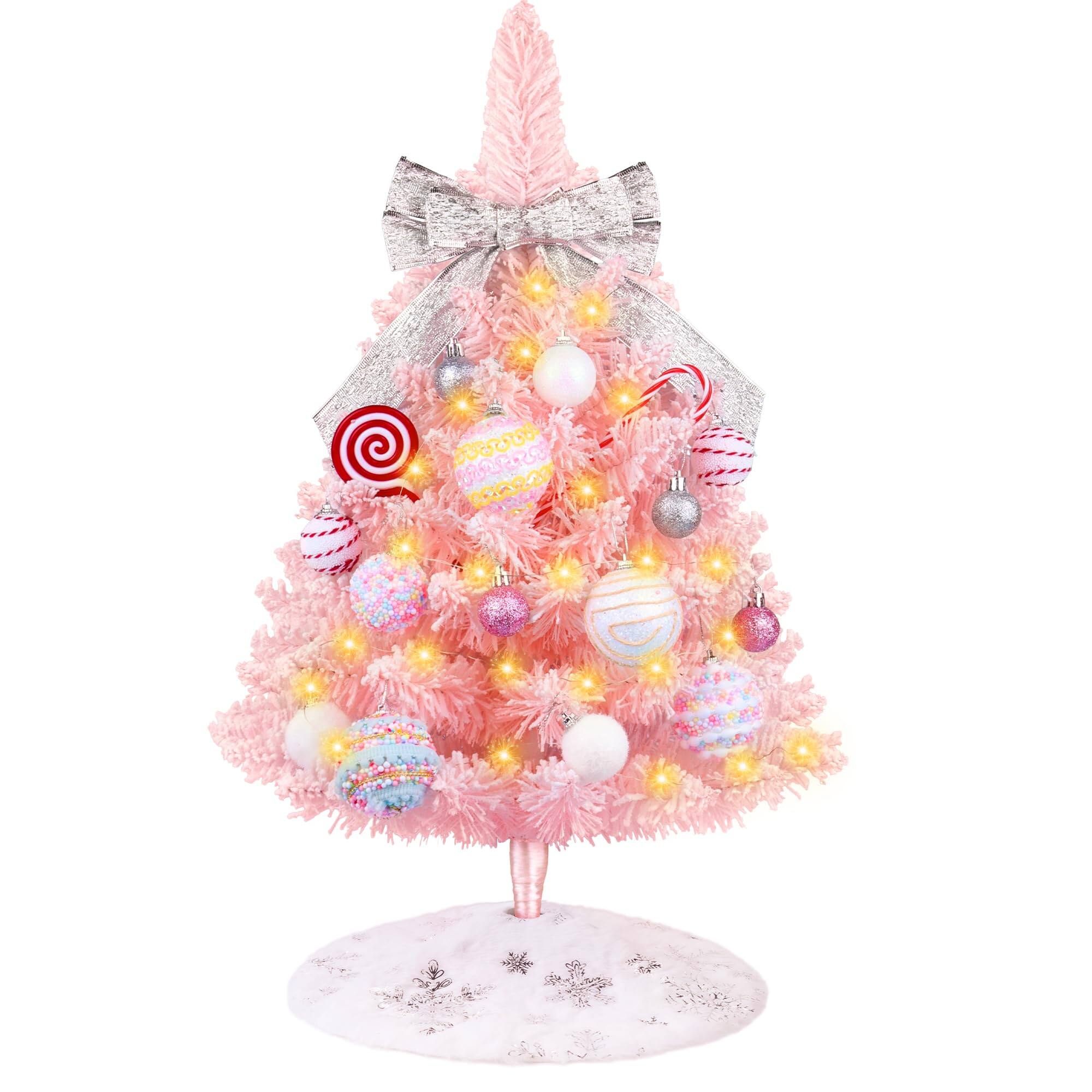 Stylel Star - Mini Christmas Tree with Lights, 2ft Artificial Small Table Top Christmas Tree with Bow, Ball Ornaments and - Pink